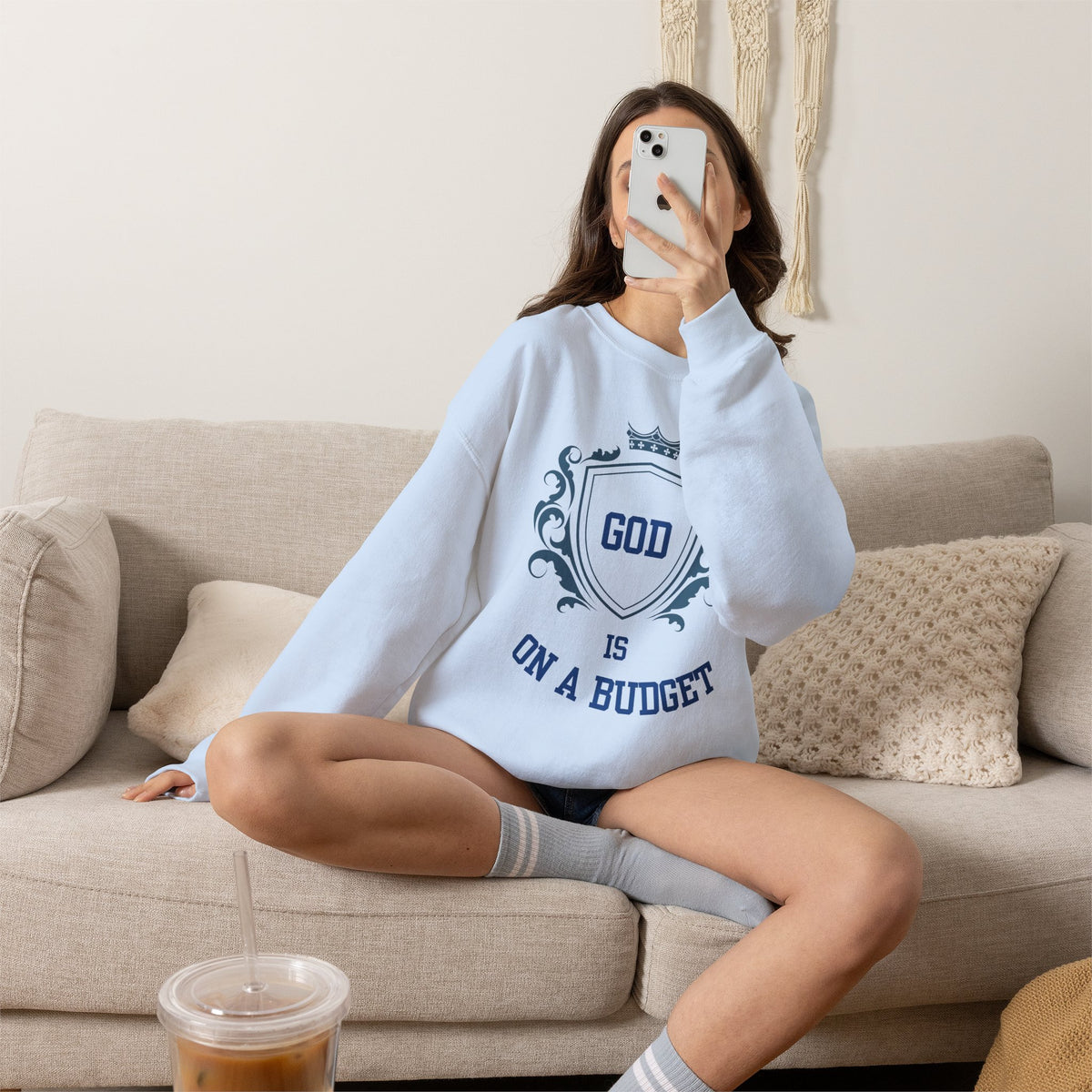 God Is On A Budget Crewneck Sweatshirt — Faith-Inspired Crest Design