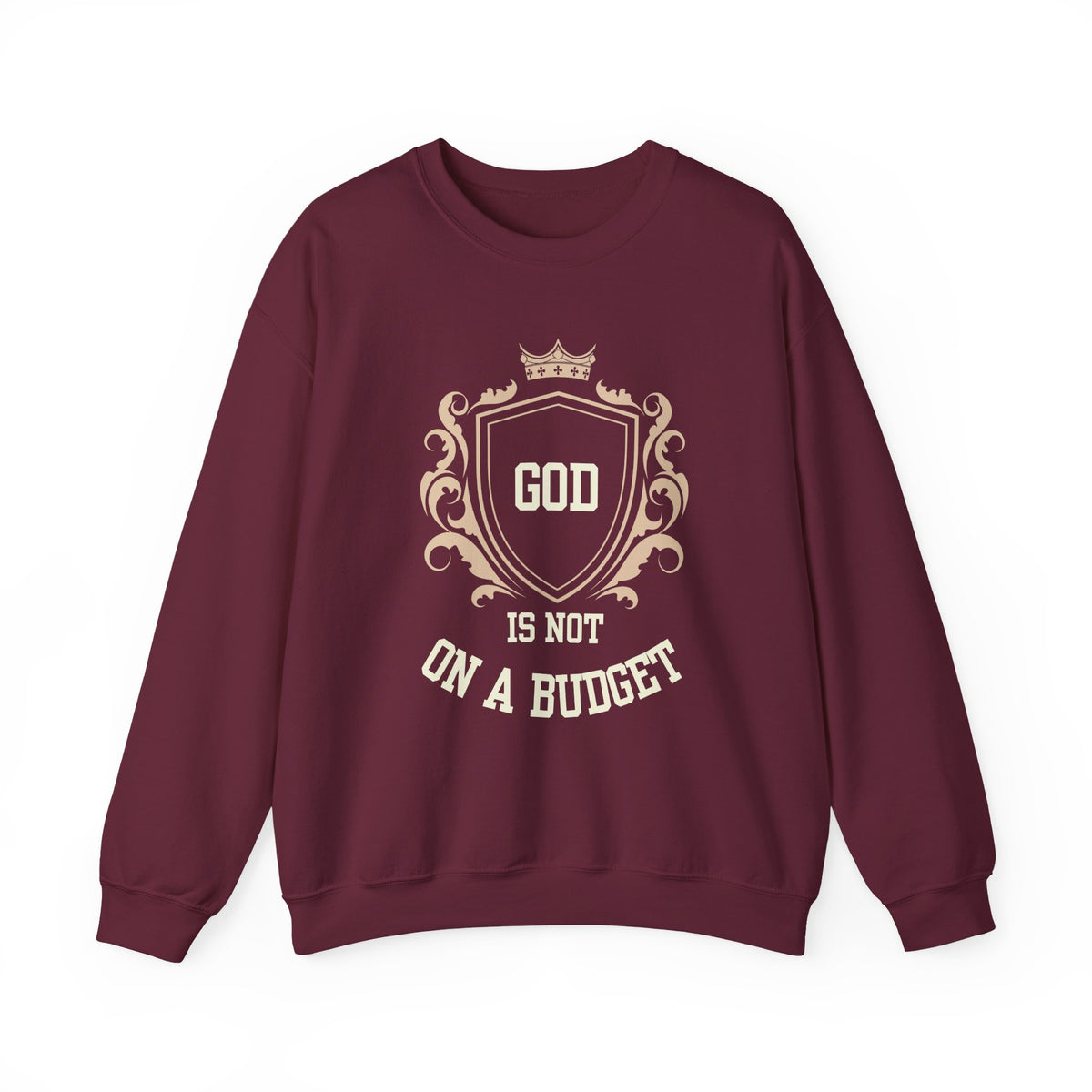 God Is On A Budget Crewneck Sweatshirt — Faith-Inspired Crest Design