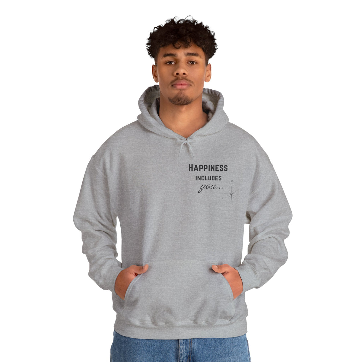 Hoodie — "Happiness Includes You Too" Minimal Star Graphic