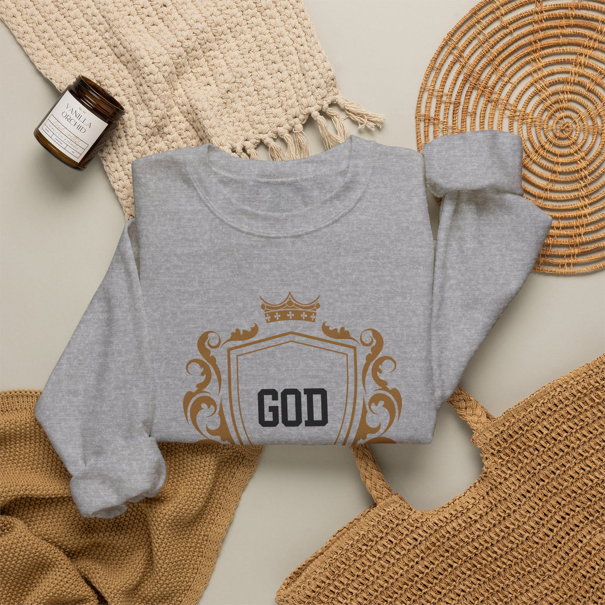 God Is On A Budget Crewneck Sweatshirt — Faith-Inspired Crest Design