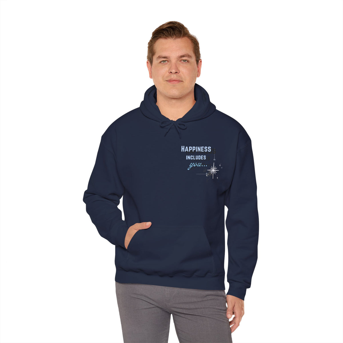 Hoodie — "Happiness Includes You Too" Minimal Star Graphic